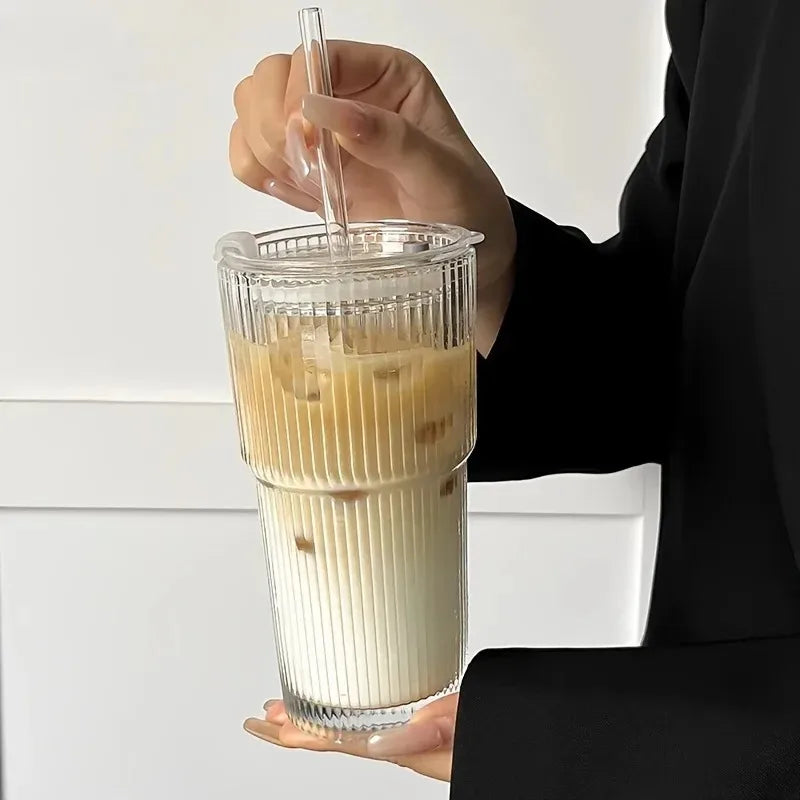 Stripe Glass Cup, Transparent Glasses with Lid and Straw, Ice Coffee Mug Tea Cup Juice Glass Milk Water Cup Drinkware