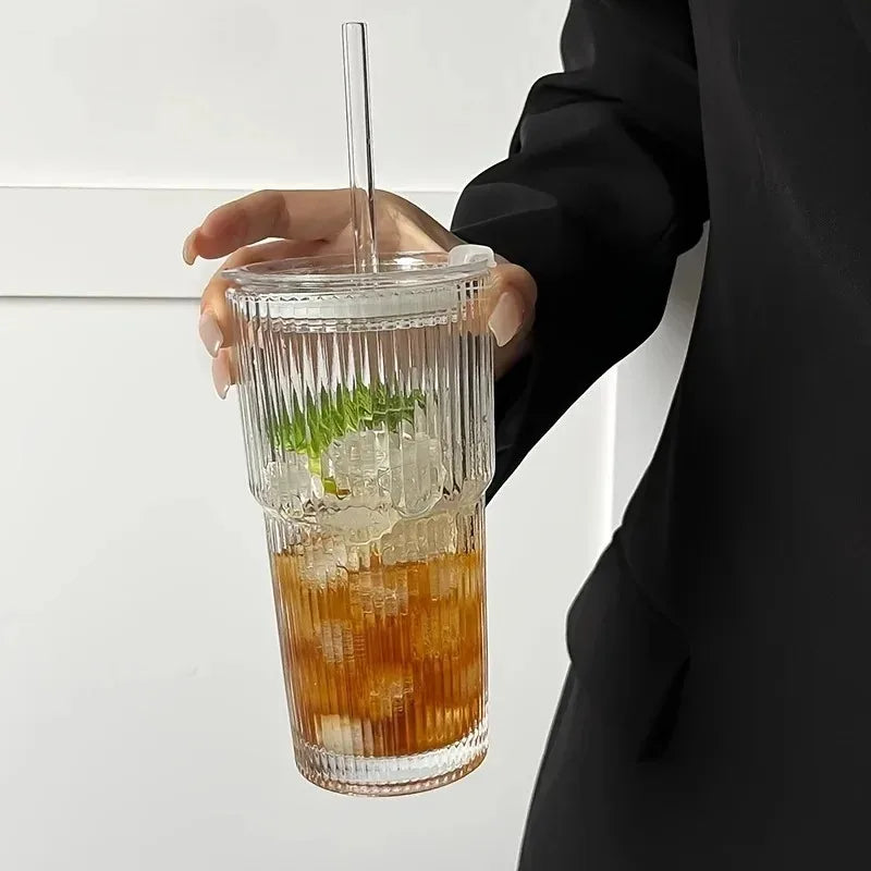 Stripe Glass Cup, Transparent Glasses with Lid and Straw, Ice Coffee Mug Tea Cup Juice Glass Milk Water Cup Drinkware