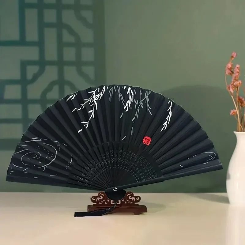 Folding Hand Fan with Tassel – Retro Chinese Style Bamboo and Cloth Fan