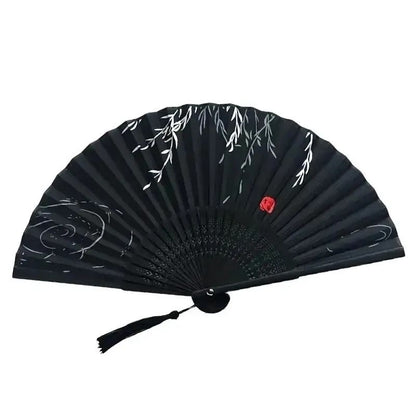 Folding Hand Fan with Tassel – Retro Chinese Style Bamboo and Cloth Fan
