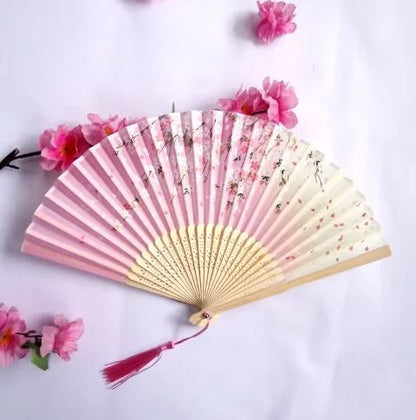 Folding Hand Fan with Tassel – Retro Chinese Style Bamboo and Cloth Fan