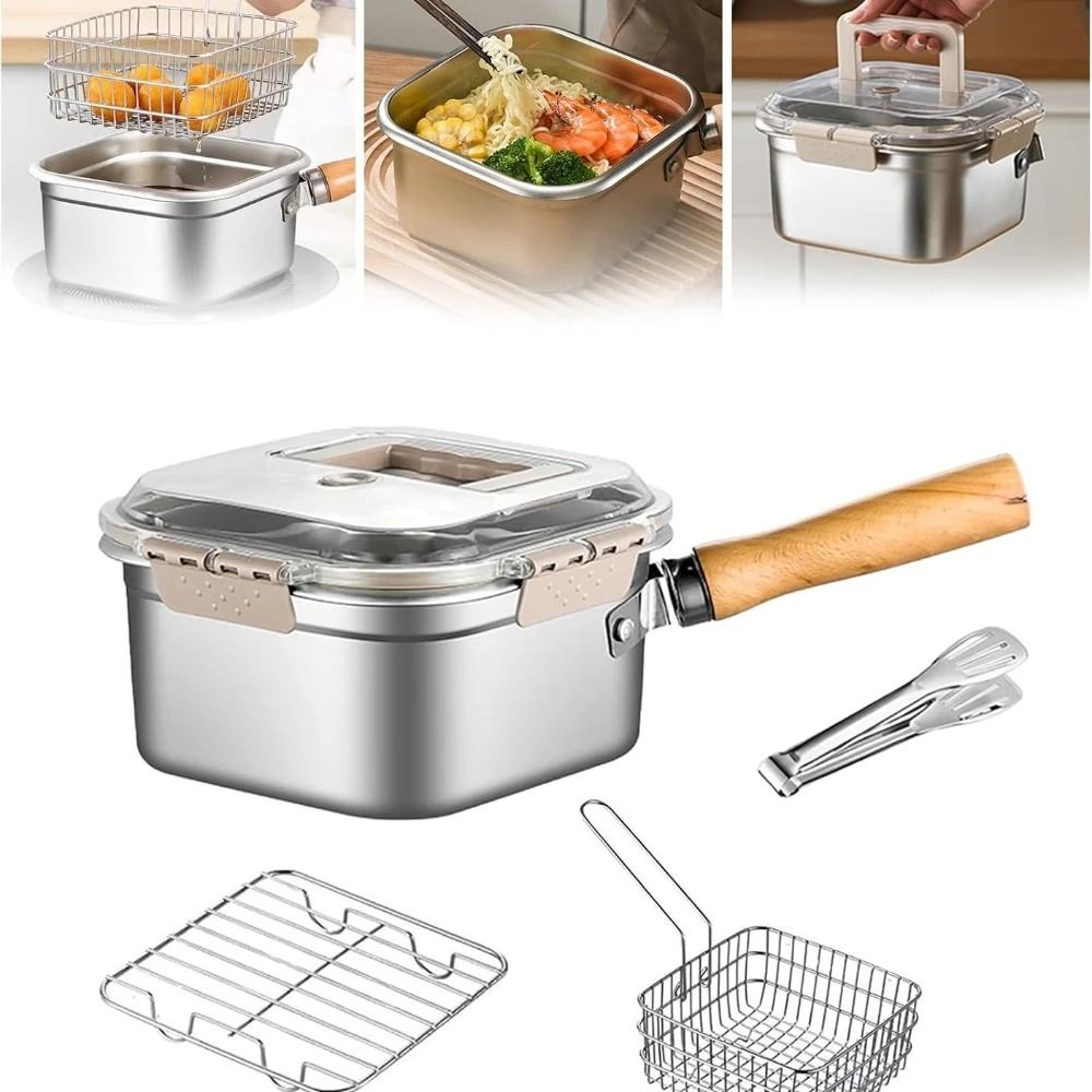MultiFunction Frying Cooker Set Stainless Steel Deep Fryer Pot with Basket and Tongs