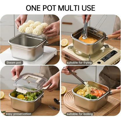 MultiFunction Frying Cooker Set Stainless Steel Deep Fryer Pot with Basket and Tongs
