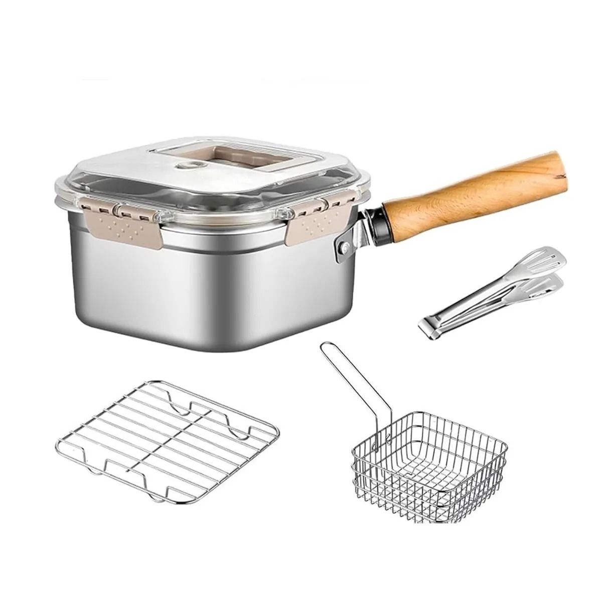 MultiFunction Frying Cooker Set Stainless Steel Deep Fryer Pot with Basket and Tongs