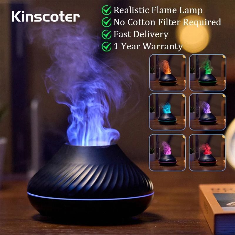 Kinscoter Volcanic Aroma Diffuser 130ml USB Portable Air Humidifier with Color Flame Night Light