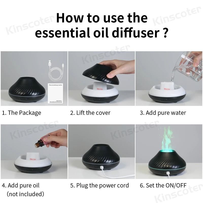 Kinscoter Volcanic Aroma Diffuser 130ml USB Portable Air Humidifier with Color Flame Night Light