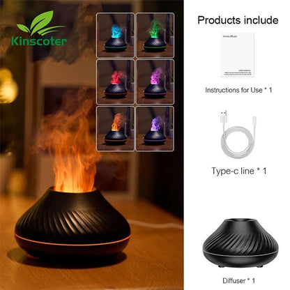 Kinscoter Volcanic Aroma Diffuser 130ml USB Portable Air Humidifier with Color Flame Night Light