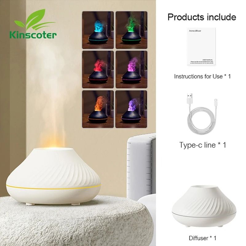 Kinscoter Volcanic Aroma Diffuser 130ml USB Portable Air Humidifier with Color Flame Night Light