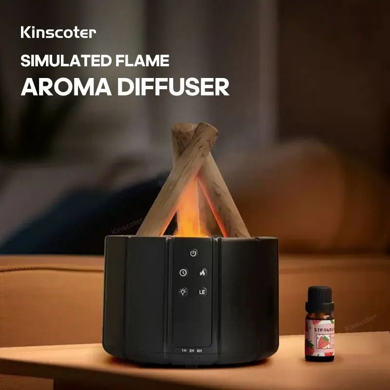 Kinscoter Simulated Flame Aroma Diffuser Bonfire Air Humidifier Ultrasonic Cool Mist Maker with LED Essential Oil Lamp