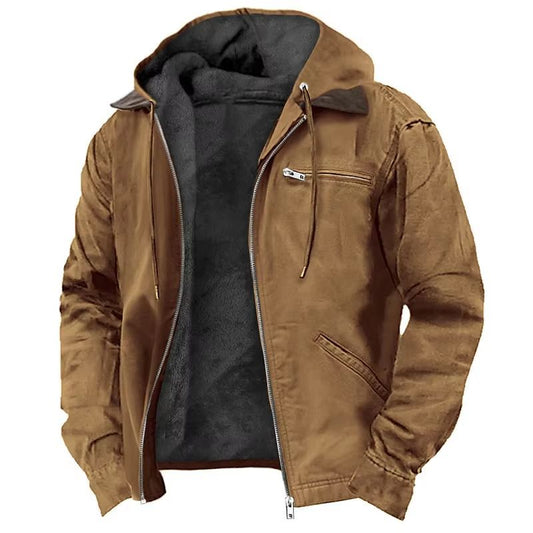 Men's Autumn Winter Fleece-lined Zipper Hooded Casual Jacket
