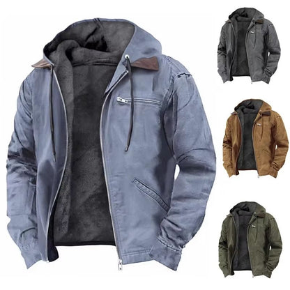 Men's Autumn Winter Fleece-lined Zipper Hooded Casual Jacket