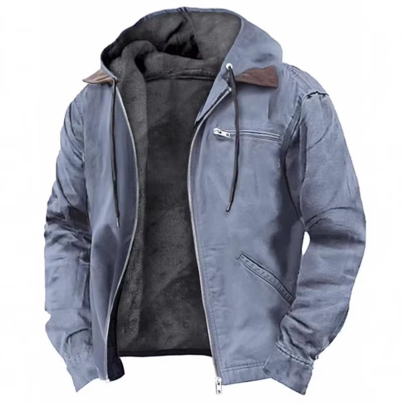 Men's Autumn Winter Fleece-lined Zipper Hooded Casual Jacket