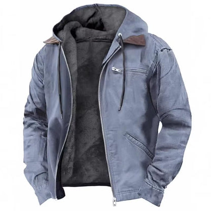 Men's Autumn Winter Fleece-lined Zipper Hooded Casual Jacket