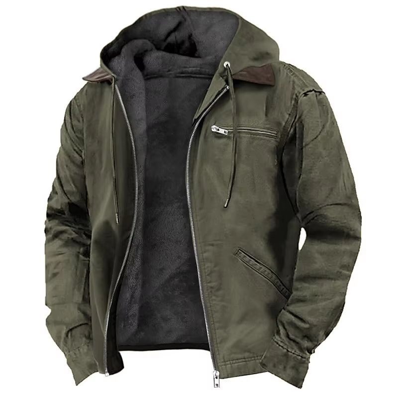 Men's Autumn Winter Fleece-lined Zipper Hooded Casual Jacket
