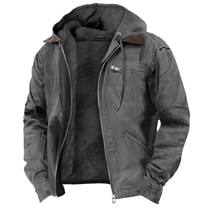 Men's Autumn Winter Fleece-lined Zipper Hooded Casual Jacket