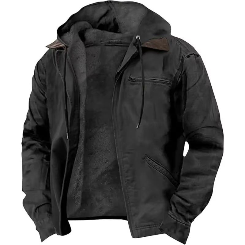 Men's Autumn Winter Fleece-lined Zipper Hooded Casual Jacket