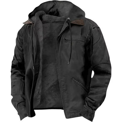 Men's Autumn Winter Fleece-lined Zipper Hooded Casual Jacket