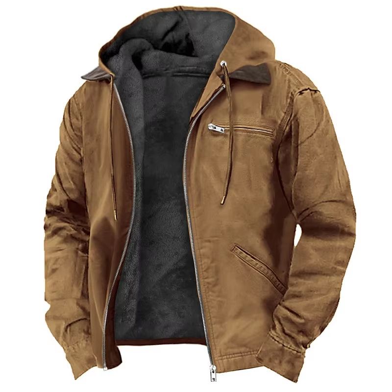 Men's Autumn Winter Fleece-lined Zipper Hooded Casual Jacket