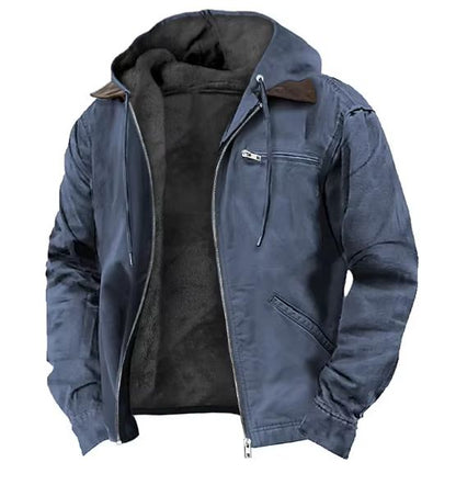 Men's Autumn Winter Fleece-lined Zipper Hooded Casual Jacket