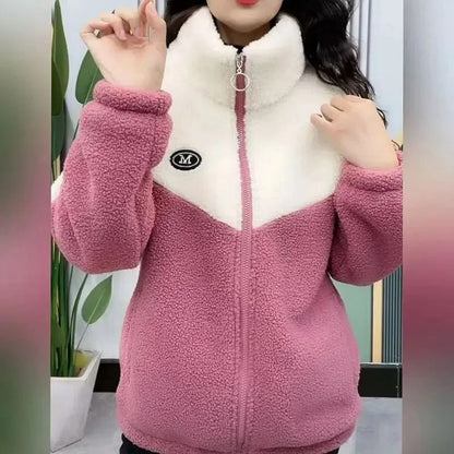 Women Mid Length Lamb Fleece Jacket Thick Warm Quilted Winter Overcoat