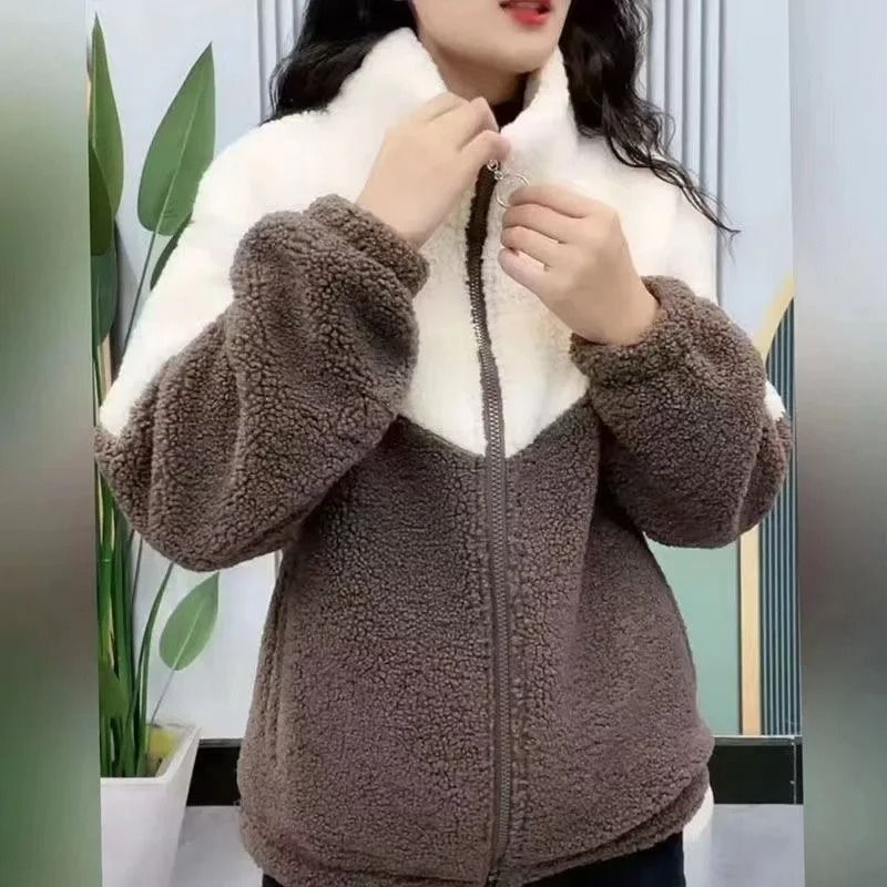 Women Mid Length Lamb Fleece Jacket Thick Warm Quilted Winter Overcoat