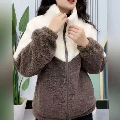 Women Mid Length Lamb Fleece Jacket Thick Warm Quilted Winter Overcoat