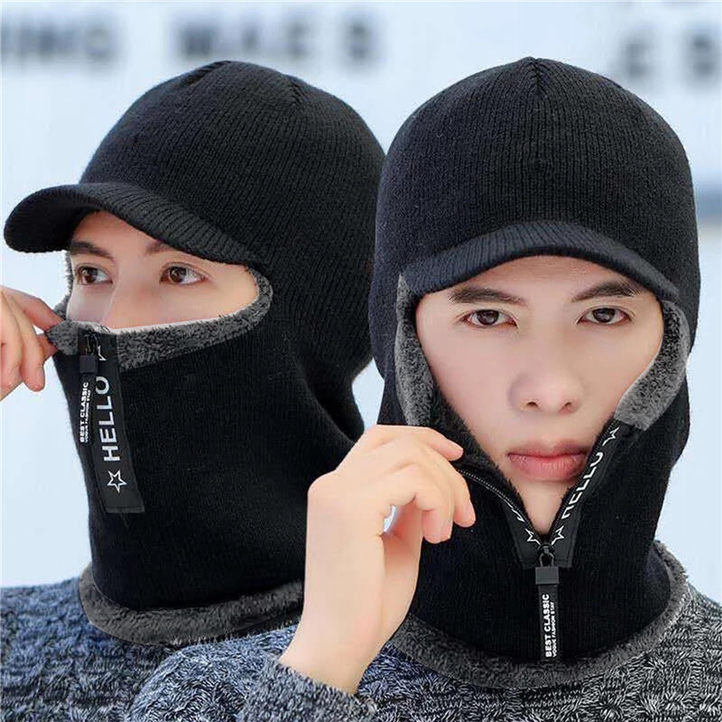 Winter Warm Wool Hat Men, Knitted Capd Scarf, Ear Protection Hats, Windproof Outdoor Bicycle Thick Cap