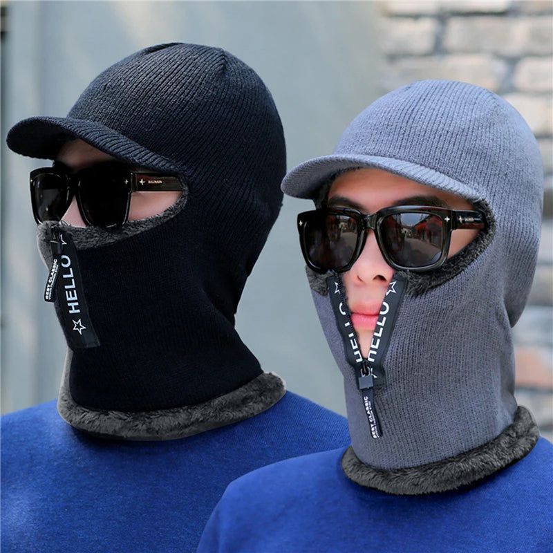 Winter Warm Wool Hat Men, Knitted Capd Scarf, Ear Protection Hats, Windproof Outdoor Bicycle Thick Cap