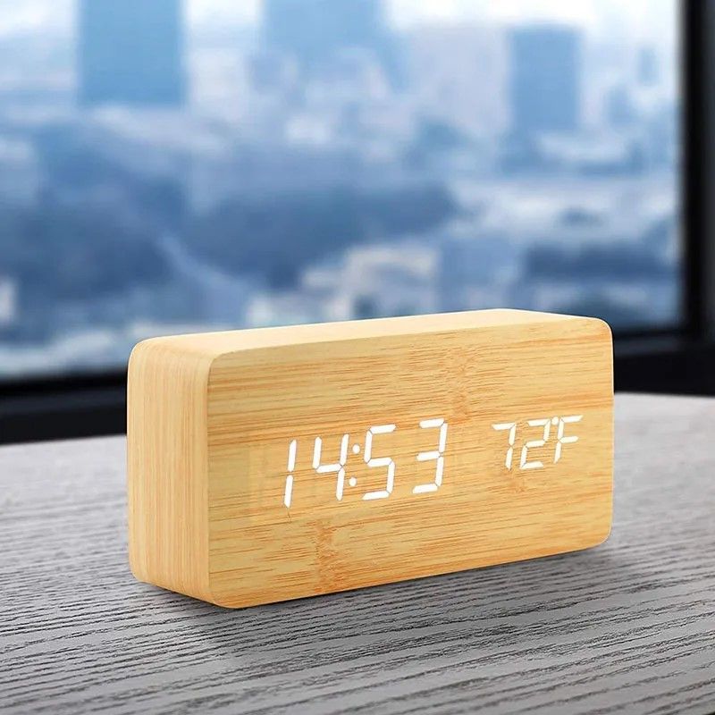 Woodgrain Luxe LED Alarm Clock, Digital Wooden Desk Clock with Temperature Display
