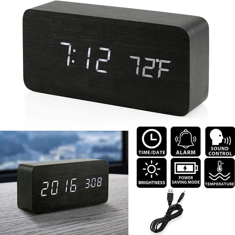 Woodgrain Luxe LED Alarm Clock, Digital Wooden Desk Clock with Temperature Display