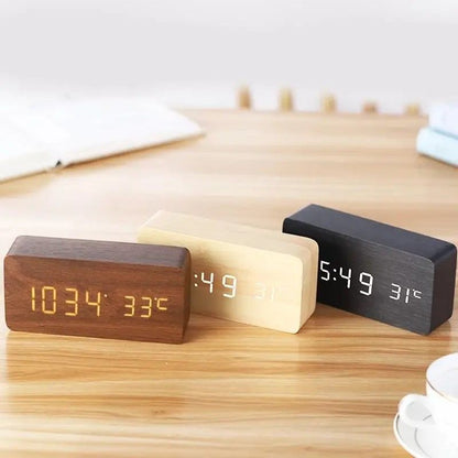 Woodgrain Luxe LED Alarm Clock, Digital Wooden Desk Clock with Temperature Display