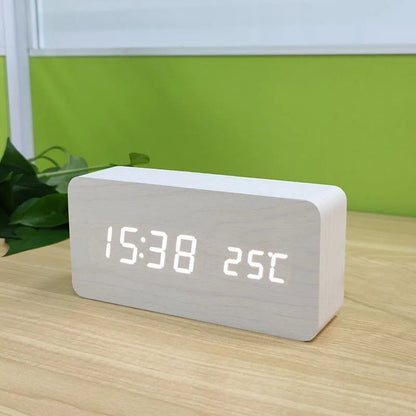 Woodgrain Luxe LED Alarm Clock, Digital Wooden Desk Clock with Temperature Display
