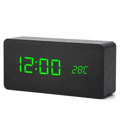 Woodgrain Luxe LED Alarm Clock, Digital Wooden Desk Clock with Temperature Display
