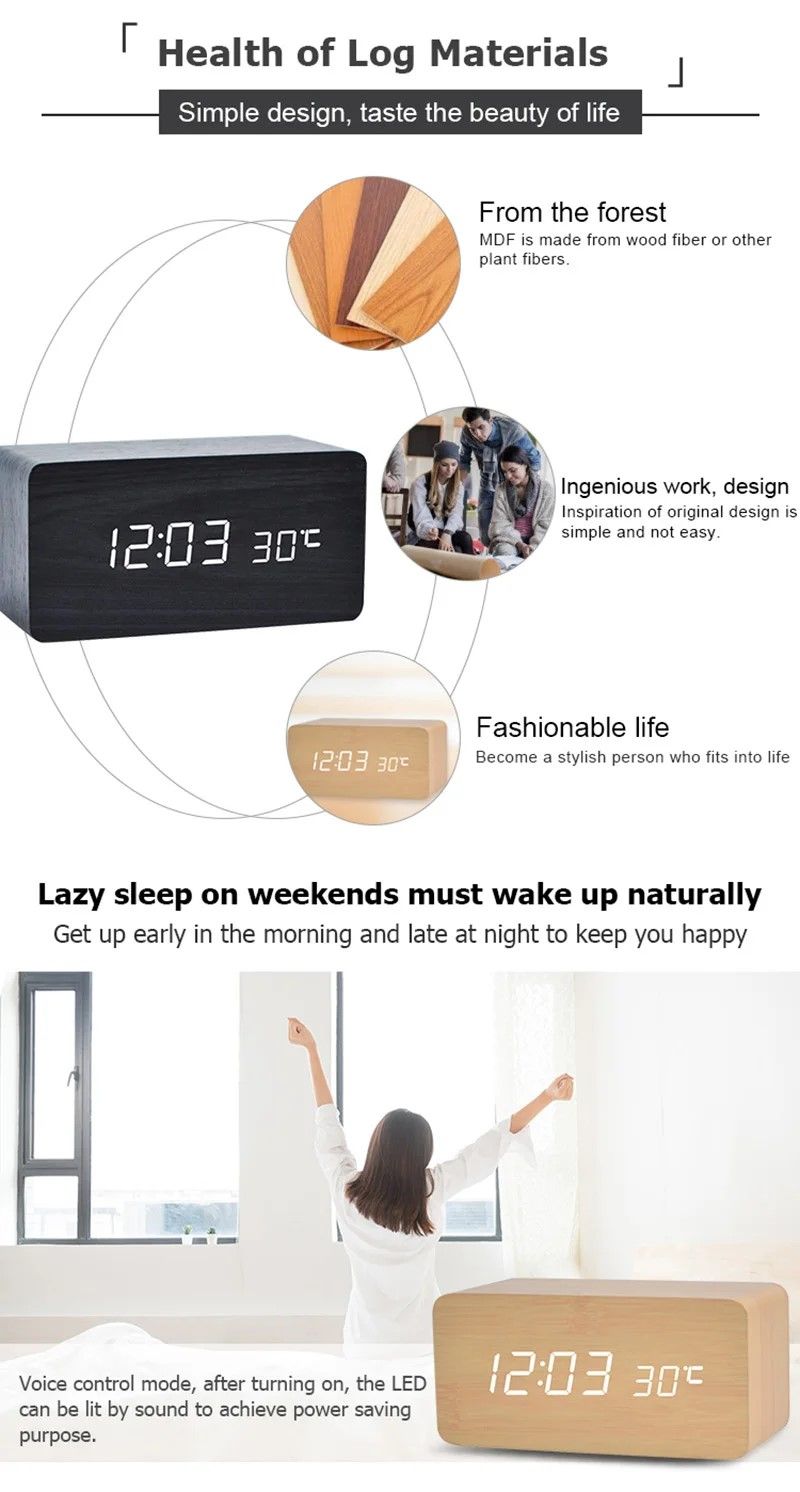 Woodgrain Luxe LED Alarm Clock, Digital Wooden Desk Clock with Temperature Display