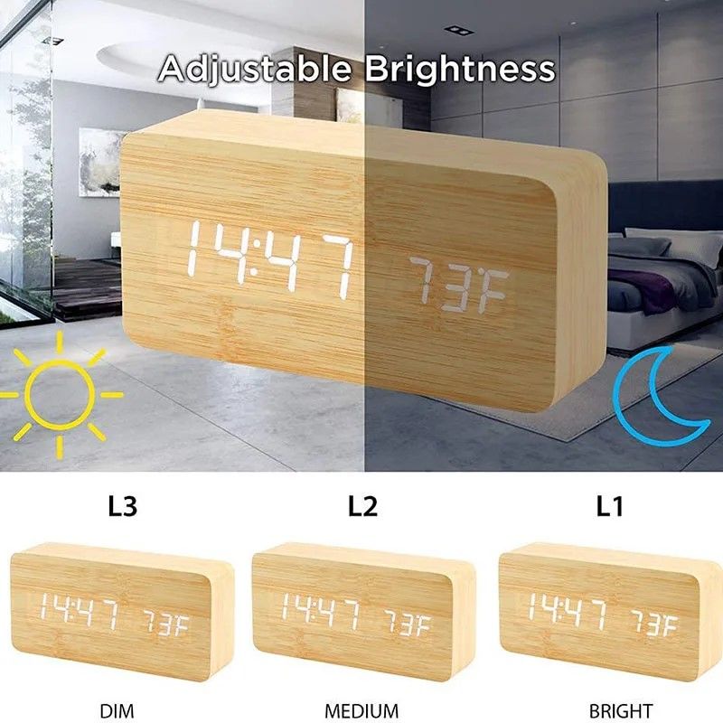 Woodgrain Luxe LED Alarm Clock, Digital Wooden Desk Clock with Temperature Display