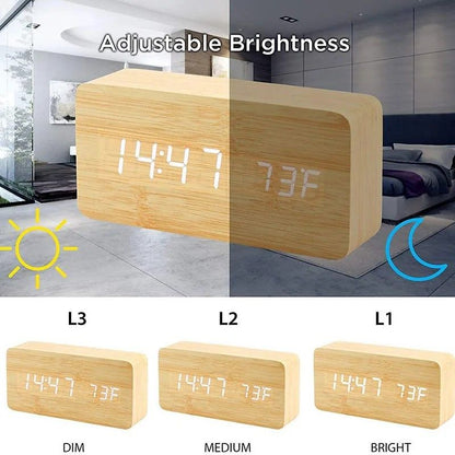Woodgrain Luxe LED Alarm Clock, Digital Wooden Desk Clock with Temperature Display