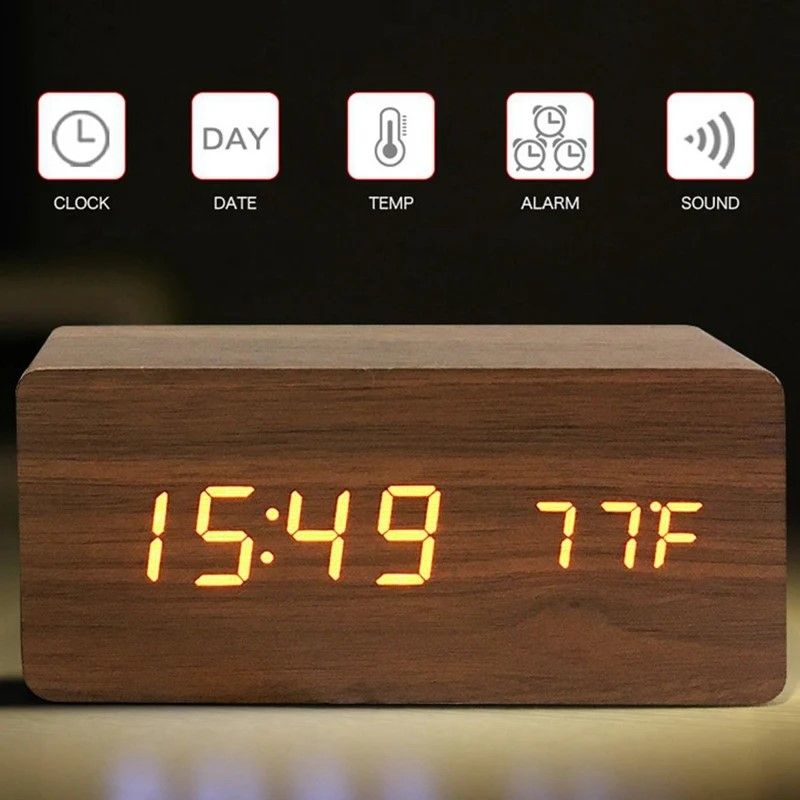 Woodgrain Luxe LED Alarm Clock, Digital Wooden Desk Clock with Temperature Display