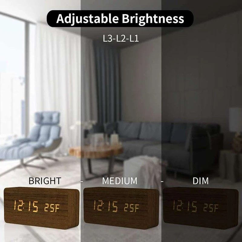Woodgrain Luxe LED Alarm Clock, Digital Wooden Desk Clock with Temperature Display