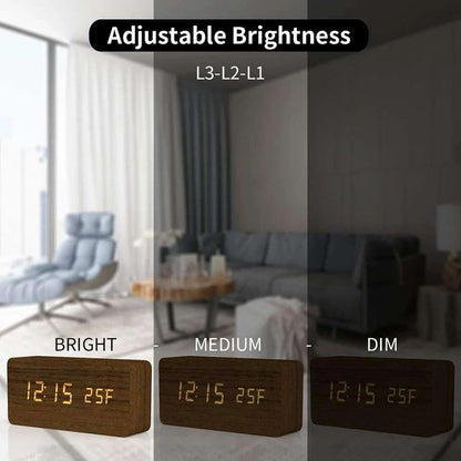 Woodgrain Luxe LED Alarm Clock, Digital Wooden Desk Clock with Temperature Display