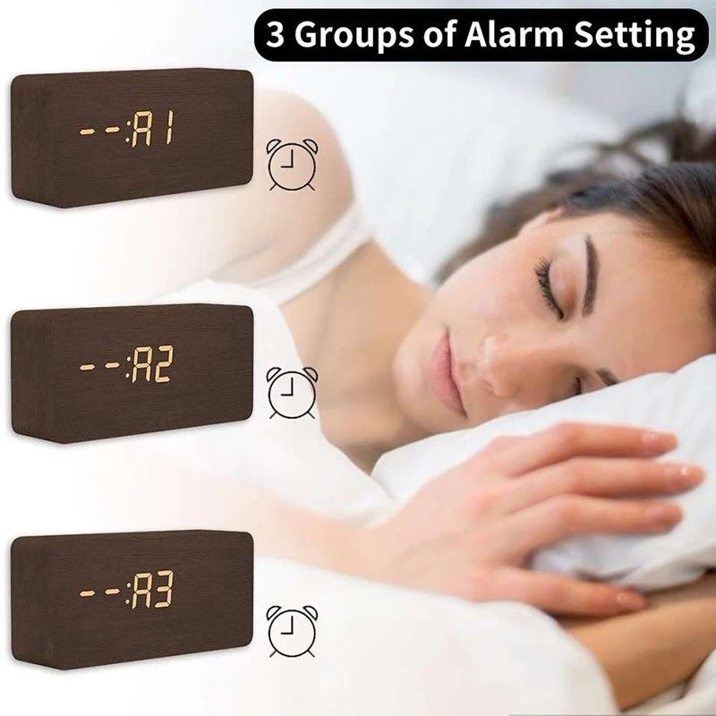 Woodgrain Luxe LED Alarm Clock, Digital Wooden Desk Clock with Temperature Display