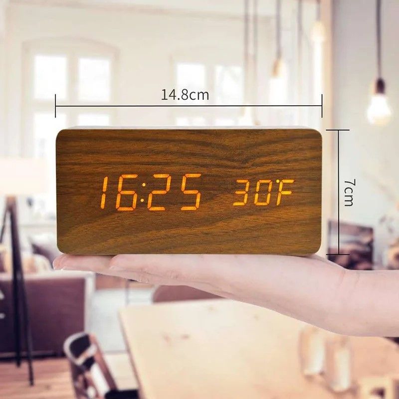 Woodgrain Luxe LED Alarm Clock, Digital Wooden Desk Clock with Temperature Display