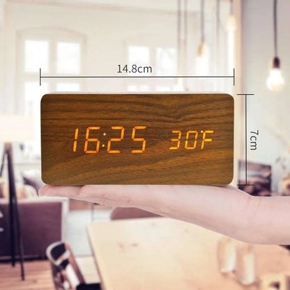 Woodgrain Luxe LED Alarm Clock, Digital Wooden Desk Clock with Temperature Display