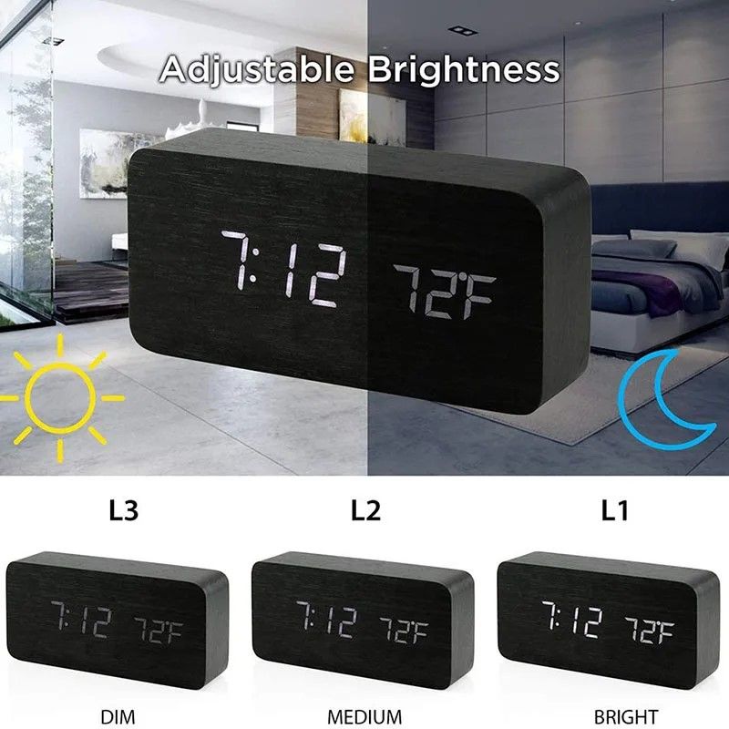 Woodgrain Luxe LED Alarm Clock, Digital Wooden Desk Clock with Temperature Display
