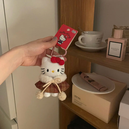 Hello Kitty bag decoration pendant, Kawaii plaid coat, Hello Kitty keychain, perfect holiday gift