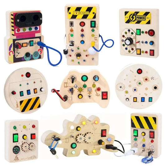 Montessori Busy Board Sensory Toy Wooden with LED Light Switch Control Board for Children 2-4 Years