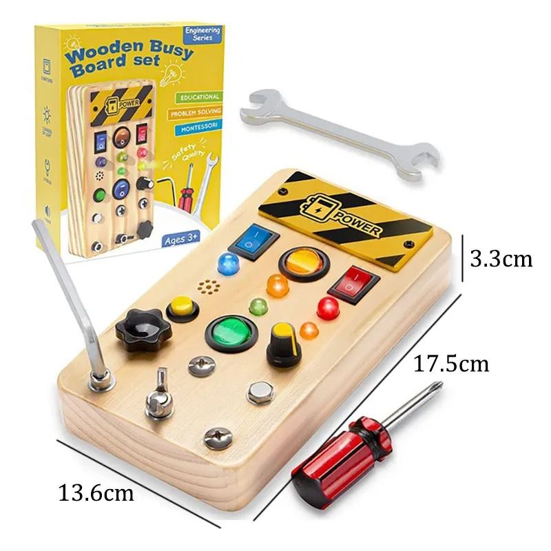 Montessori Busy Board Sensory Toy Wooden with LED Light Switch Control Board for Children 2-4 Years