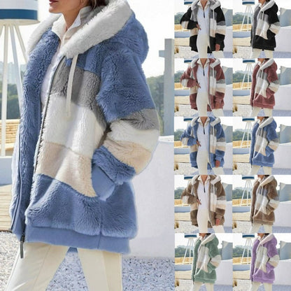 New Autumn Winter Warm Plush Pocket Hooded, Oversized Jacket for Women, Streetwear Loose Lady Outerwear Coat