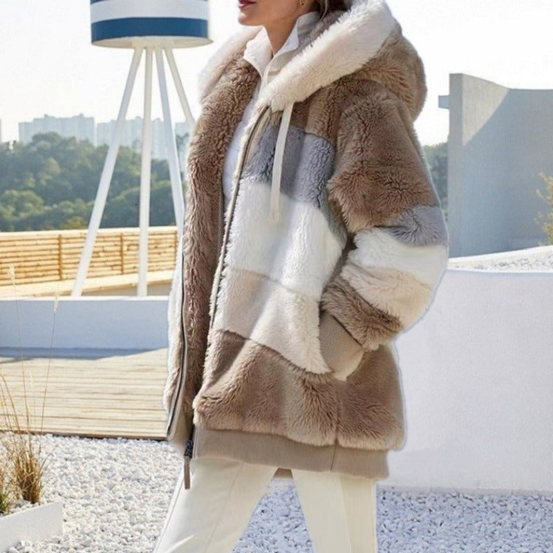 New Autumn Winter Warm Plush Pocket Hooded, Oversized Jacket for Women, Streetwear Loose Lady Outerwear Coat