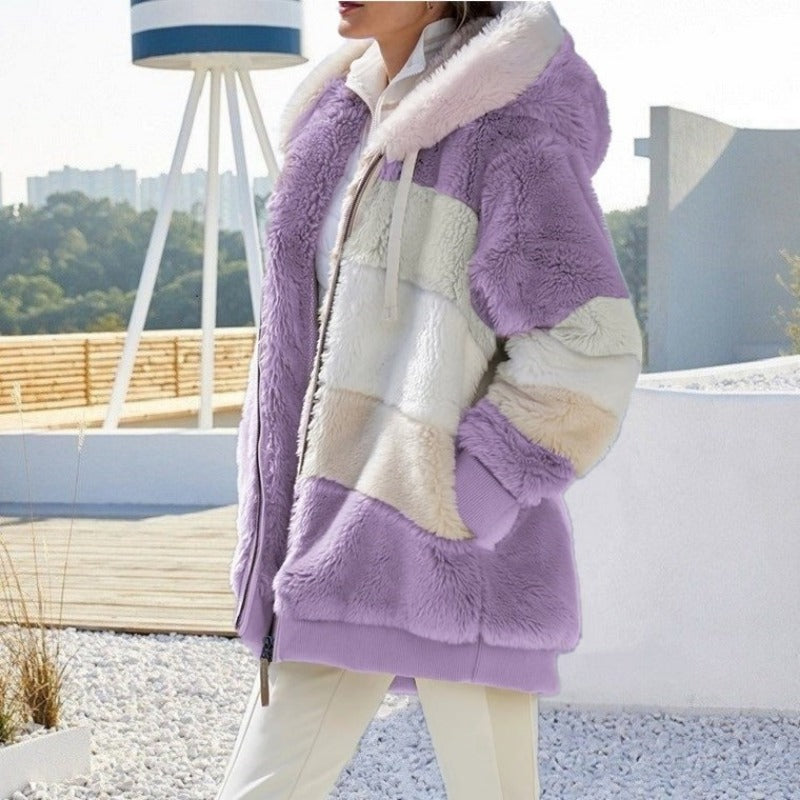 New Autumn Winter Warm Plush Pocket Hooded, Oversized Jacket for Women, Streetwear Loose Lady Outerwear Coat