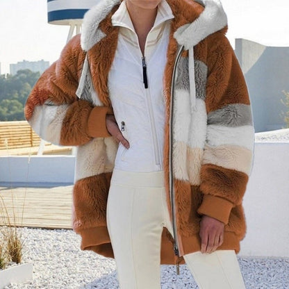 New Autumn Winter Warm Plush Pocket Hooded, Oversized Jacket for Women, Streetwear Loose Lady Outerwear Coat